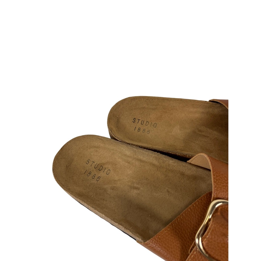 STUDIO 1886 Brown Faux Leather Buckle Slide Sandals Women's Size 10